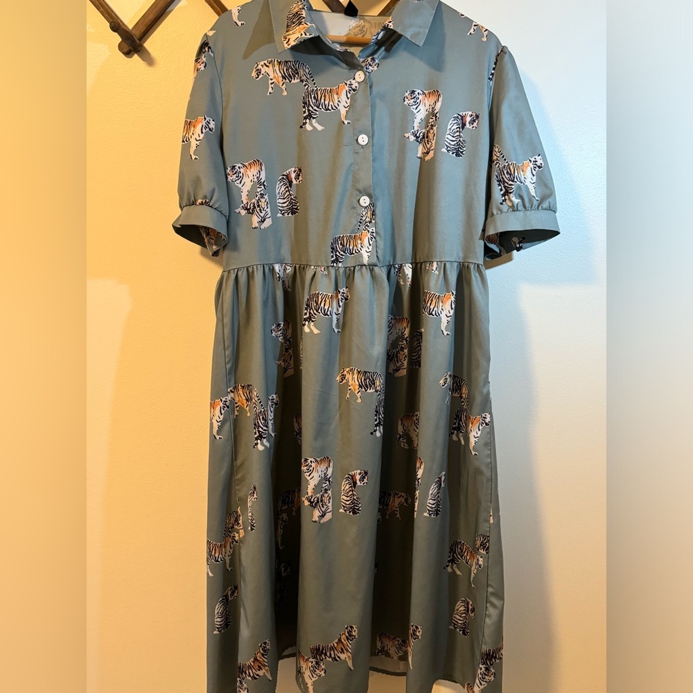 Tiger Print Puff Sleeve Shirt Dress 2XL